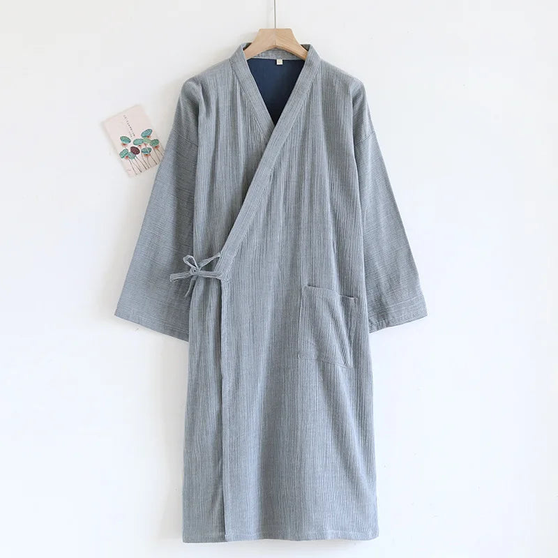 Japanese Kimono Pajama Tie Up Bathrobe Men's Spring Summer Thin Pure Cotton Color Woven Oversized Bathrobe Sweat Steamed Suit