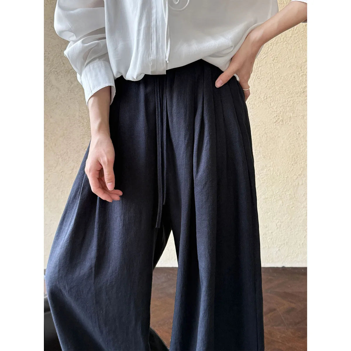 Linen Cotton Long Pant Elastic Waist Casual Slimming Wide Leg Pants For Women's Summer