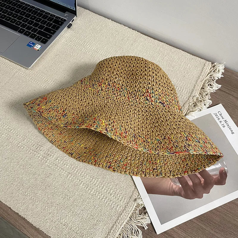 Summer Straw Sun Hats for Women Showing Face Small Bucket Hat Large Brim Sunshade and Sunscreen Seaside Beach Cap