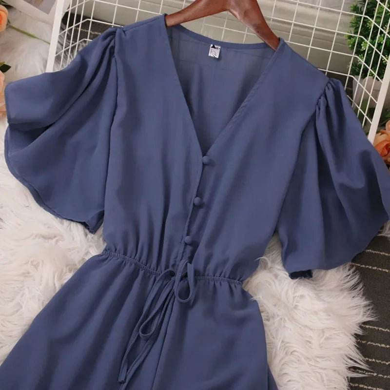 American Women Jumpsuits Fashion V Neck Lace up Loose Wide Legs Pants 2024 New Summer OL Solid Buttons Bodysuitsd