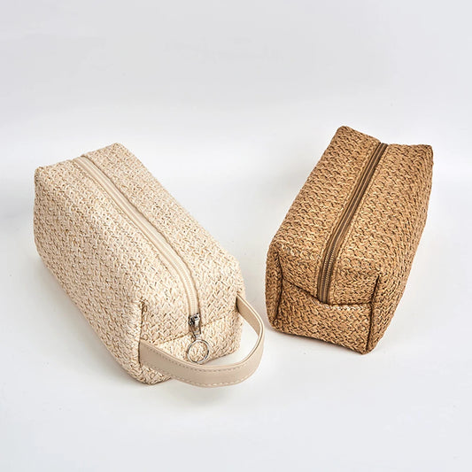 Straw Makeup Bags For Women Girls Preppy Cute Toiletry Pouch Trendy Organizer Storage Bag For Beach Travel Essentials