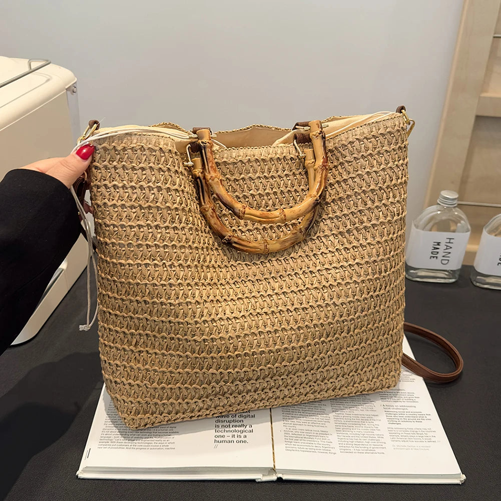 Women Straw Woven Handbag Handmade Straw Bag Large Capacity Tote Clutch Bags with Bamboo Handle Drawstring for Outdoor Travel