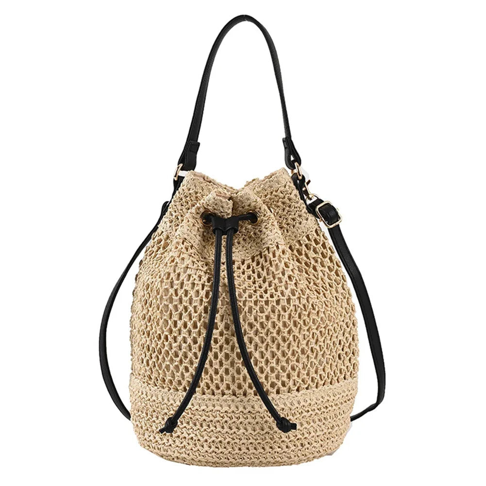 Summer Women Handbags Drawstring Straw Beach Crossbody Bags Adjustable Strap Casual Simple Portable Elegant for Weekend Vacation