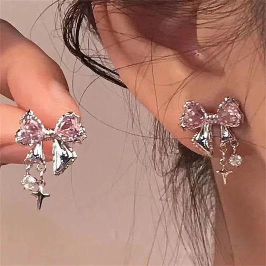 Glamorous Fashion Earrings Elegant Designer Earrings Rhinestone Bow Earrings Luxury Zircon Earrings Delicate Earrings