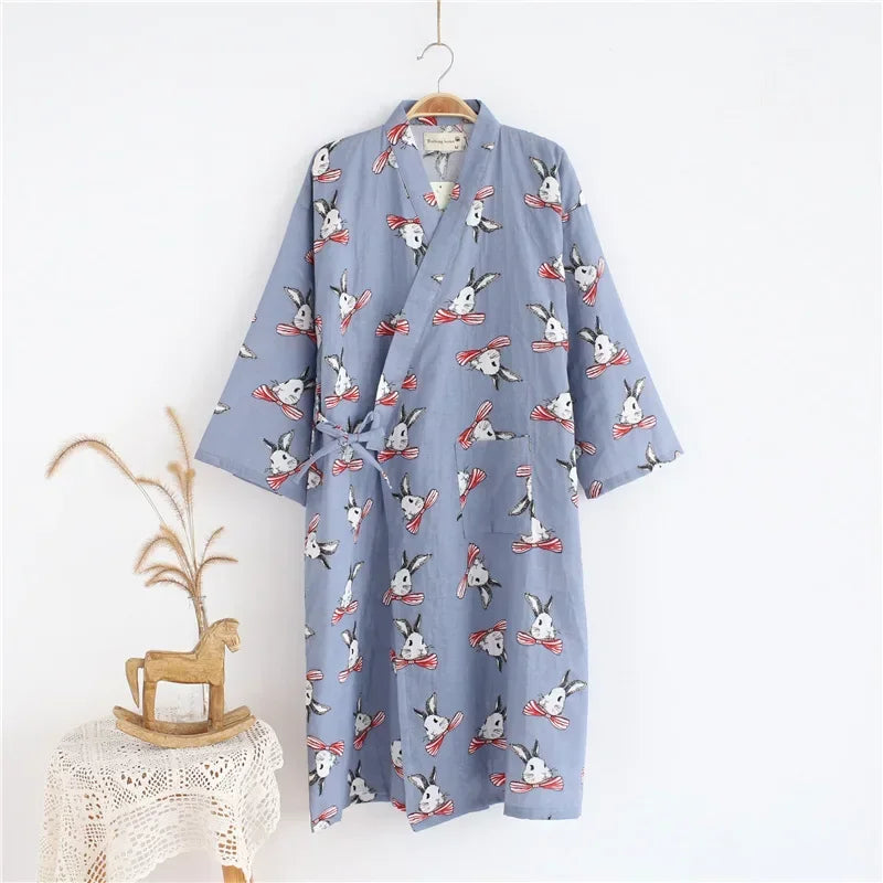 Japanese Style Kimono Pajama Robes Women's Summer Thin Cotton Gauze V-neck Simple Loose Nightgown Ladies Lounge Lace Up Bathrobe