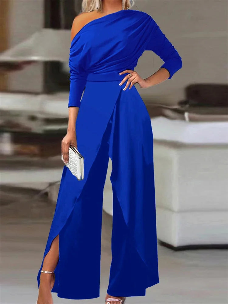 Jumpsuits for Women 2025 Elegant New Fashion Plain Elegant Office Lady Loose Ruched Cold Shoulder Split Hem Wide Leg Jumpsuit