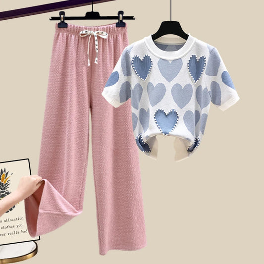 Casual autumn and winter love short sleeved round neck top solid color wide leg straight leg pants long pants women's set