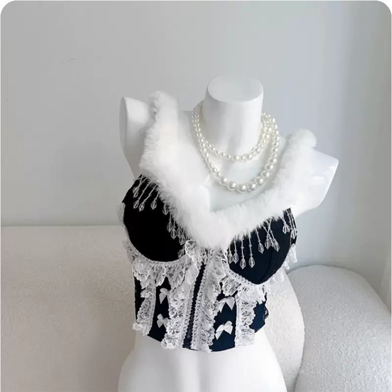 Lolita Style Crop Top Women Summer Cute Cropped Lace Trim Bow Decoration Sweet Lovely Slim Tops for Girls Kawaii Clothes