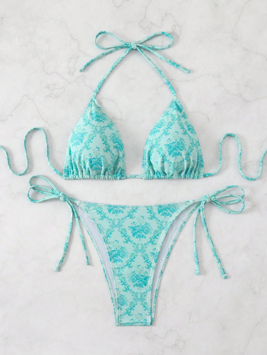 Swimsuit women's 2025 new turquoise bikini sexy small breasts three-point halterneck beach soaking hot spring