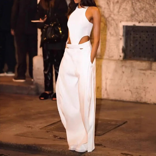 Fashion Jumpsuits For Women Summer O Neck Sleeveless Hollow Out Slim White Wide Leg Jumpsuit Girl High Street Chic Sexy Jumpsuit