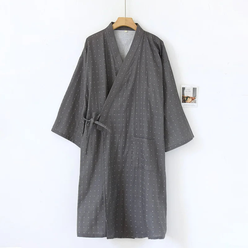 Japanese Kimono Pajama Tie Up Bathrobe Men's Spring Summer Thin Pure Cotton Color Woven Oversized Bathrobe Sweat Steamed Suit