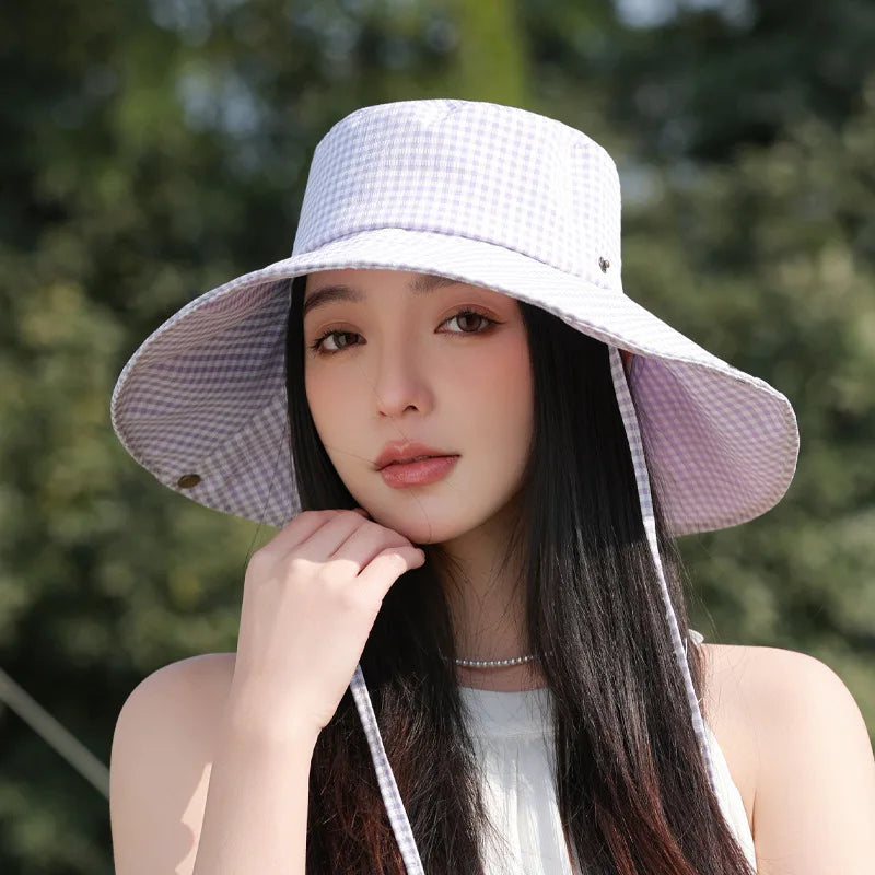 Summer Hat for Women Bucket Hat Plaid Wide Brim Sun Hat with Windproof Rope Sunshade Sun Hat Cycling Travel Fisherman Cap Korean
