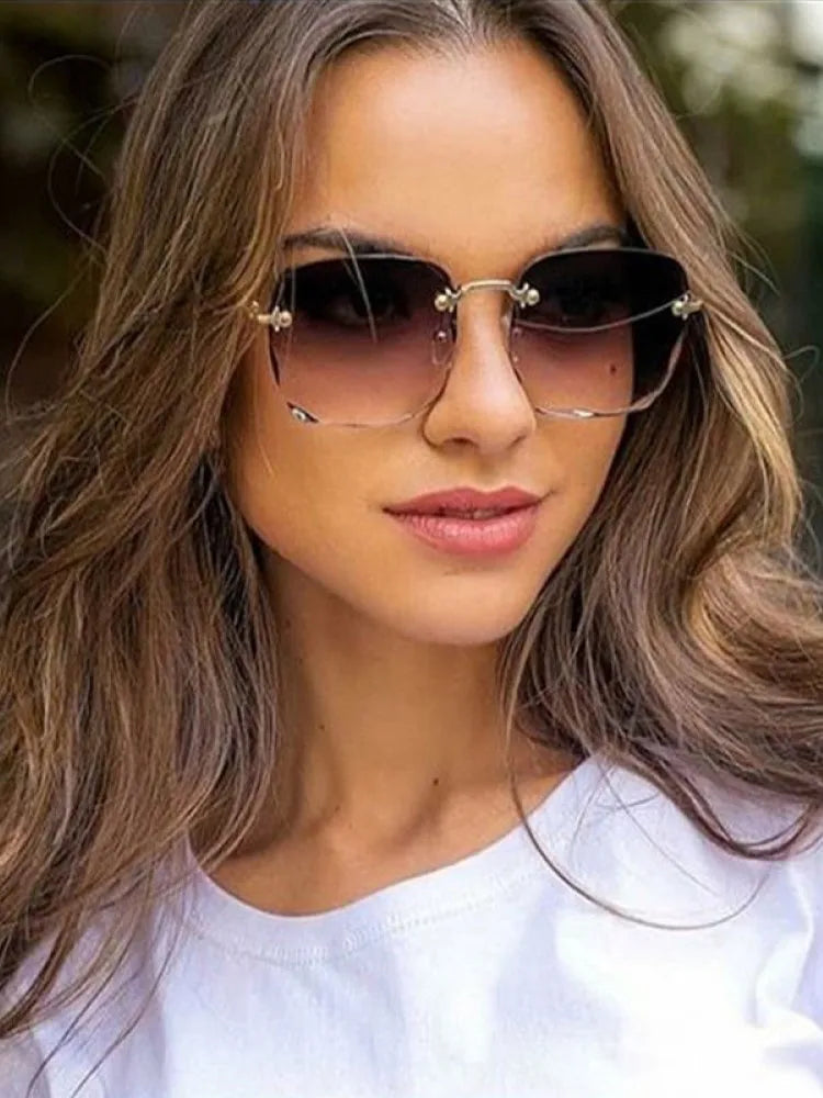 Metal Square Sunglasses Women Brand Design Gradient Fashion Sun Glasses Female Rimless Irregular Rectangle Glasses Oculos De Sol