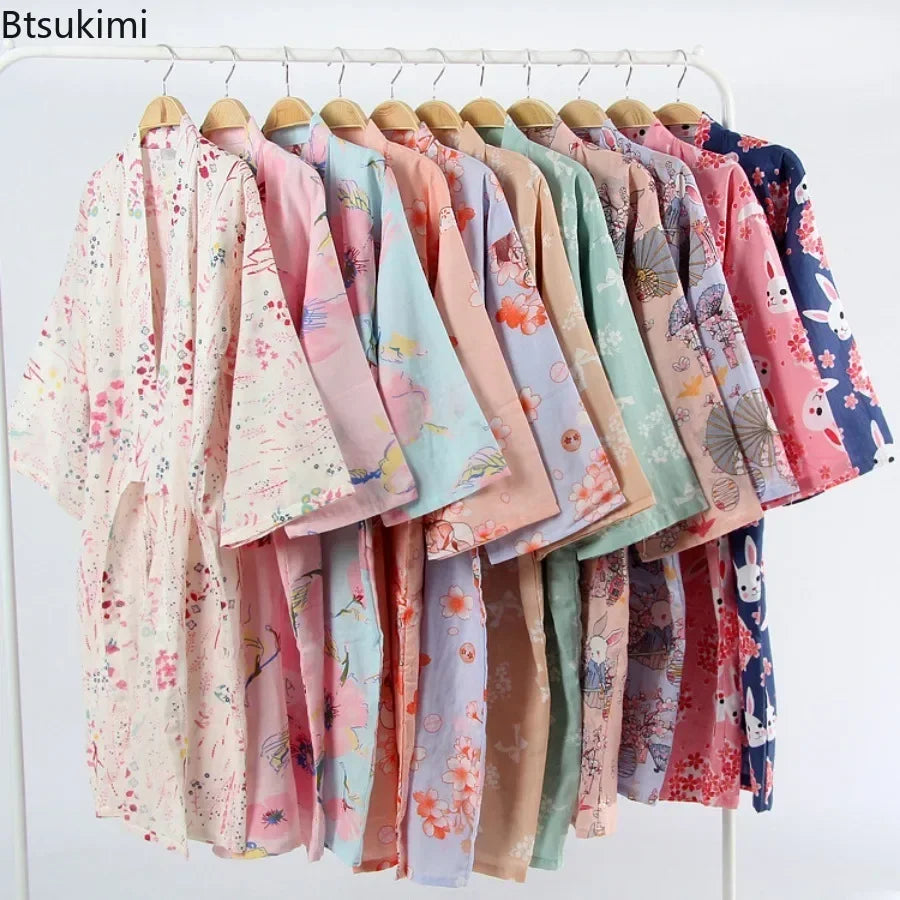 Japanese Style Kimono Pajama Robes Women's Summer Thin Cotton Gauze V-neck Simple Loose Nightgown Ladies Lounge Lace Up Bathrobe