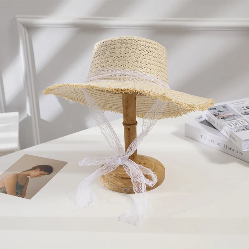 Summer Women Sun Hats Handmade Woven Straw Hat with Lace Ribbons Flat Top Holiday Sunscreen Beach Cap Vacation Hat