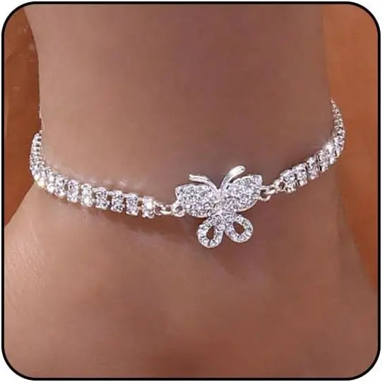 Silver Diamond Anklets for Women Cross Heart Butterfly Bracelet Large Ankle Tennis Rhinestone Plus Size Beach Foot Jewelry