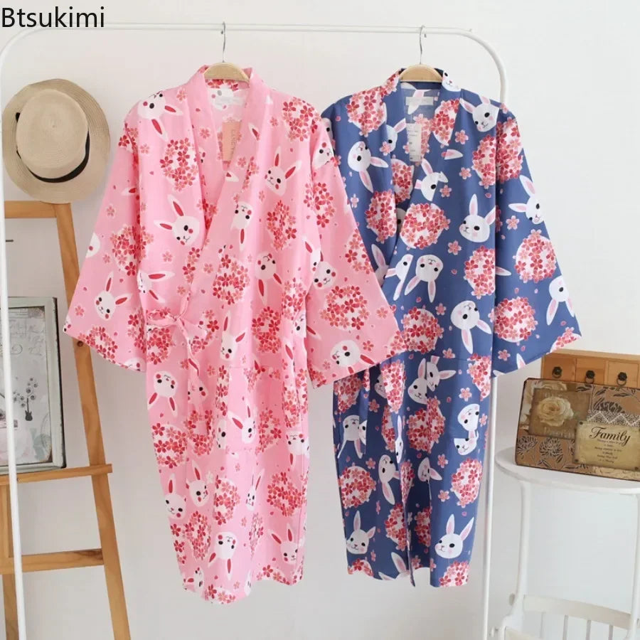 Japanese Style Kimono Pajama Robes Women's Summer Thin Cotton Gauze V-neck Simple Loose Nightgown Ladies Lounge Lace Up Bathrobe