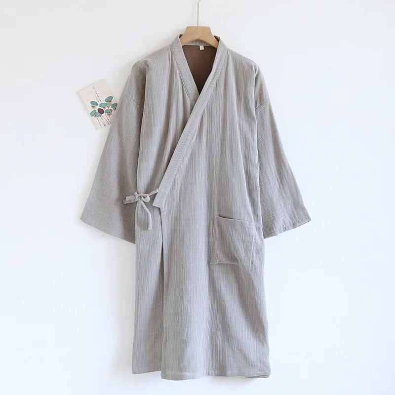 Japanese Kimono Pajama Tie Up Bathrobe Men's Spring Summer Thin Pure Cotton Color Woven Oversized Bathrobe Sweat Steamed Suit