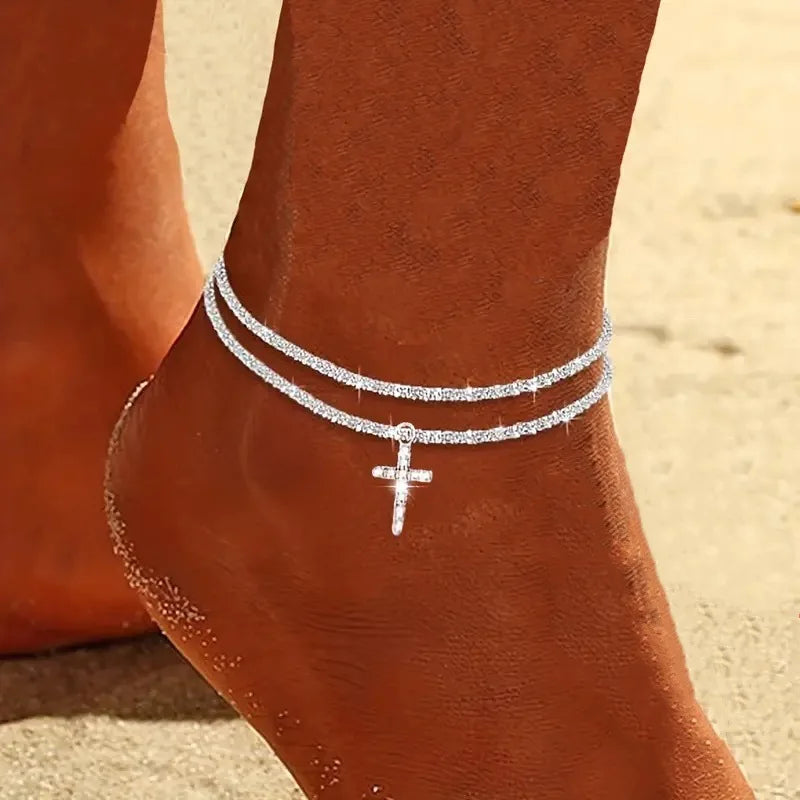LATS Shiny Sparkling Simple Anklet for Women Gold Silver Color Elegant Jewelry Female Beach Ankle Bracelet on Foot Party Gift