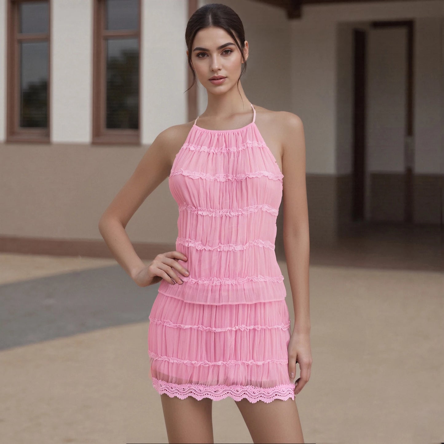 Sexy Two Piece Skirts Sets for Women y2k Fairy Backless Halter Tie Crop Tops Flowy Smocked Mini Skirts Beach Party Outfits