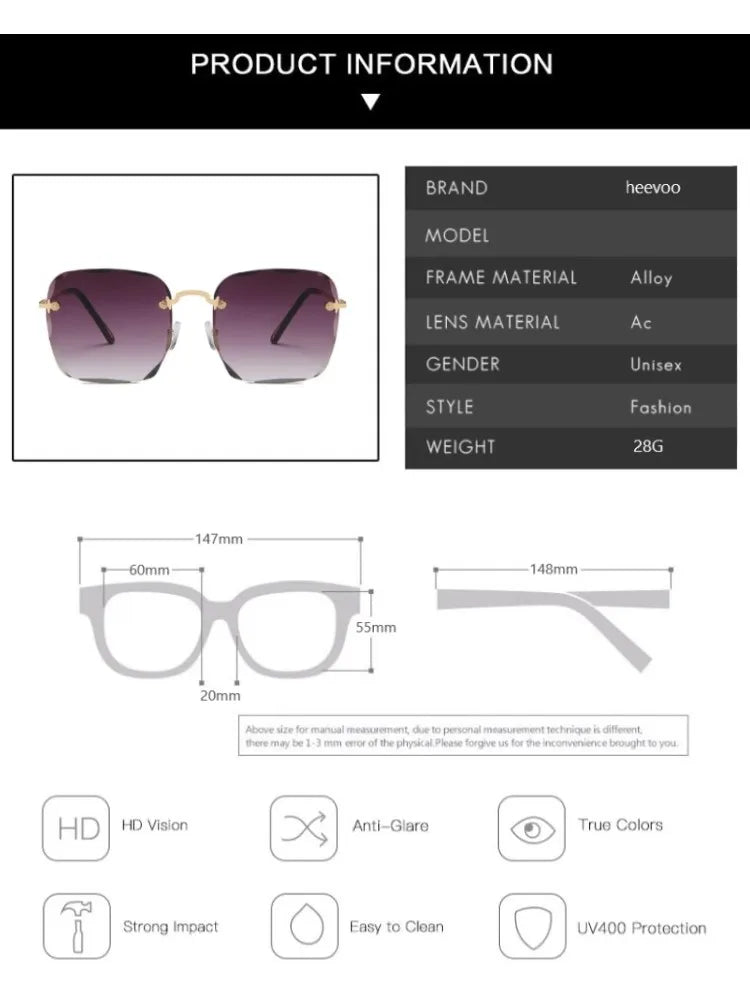 Metal Square Sunglasses Women Brand Design Gradient Fashion Sun Glasses Female Rimless Irregular Rectangle Glasses Oculos De Sol