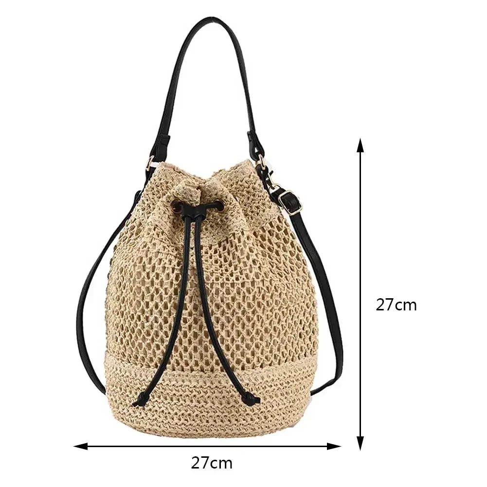 Summer Women Handbags Drawstring Straw Beach Crossbody Bags Adjustable Strap Casual Simple Portable Elegant for Weekend Vacation