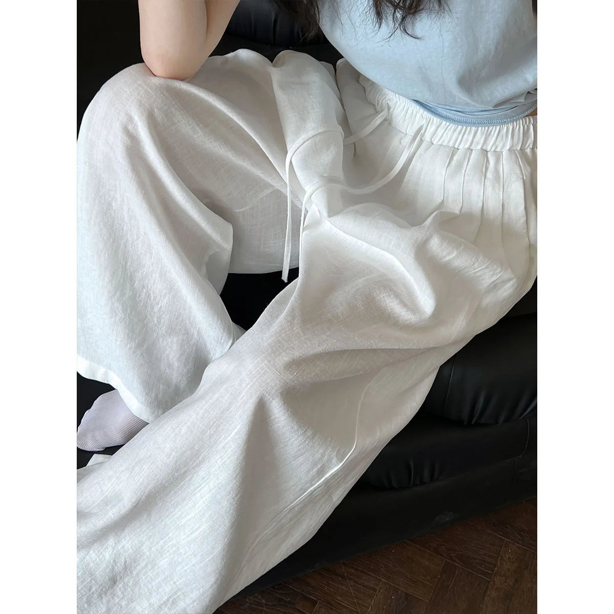 Linen Cotton Long Pant Elastic Waist Casual Slimming Wide Leg Pants For Women's Summer