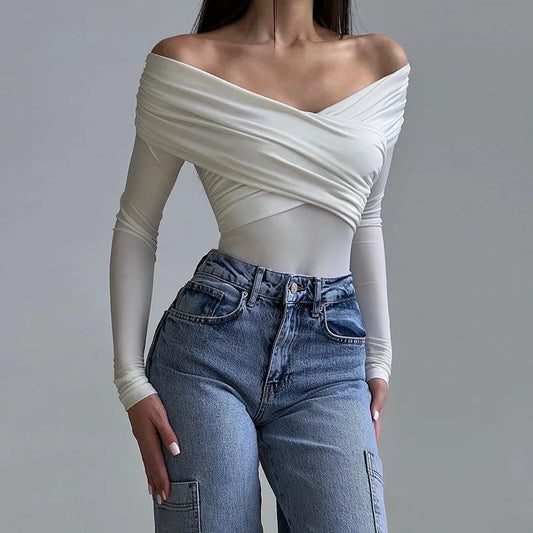 Red Sexy Off Shoulder Women's Bodysuits Fashion Crossed Folds Skinny Rompers Long Sleeve Fashion Streetwear Autumn Bodysuits New