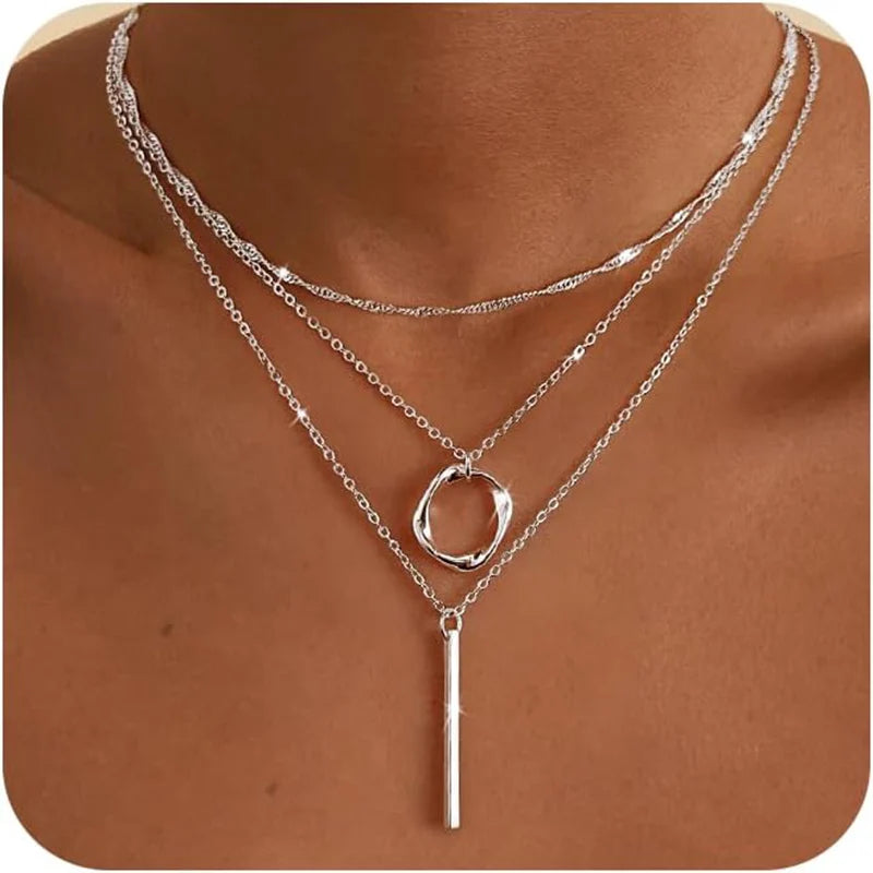 Layered 925 Silver Plated Stackable Stack Choker Necklaces Trendy Layering Circle Pendant Chain Necklace Jewelry for Women Girls