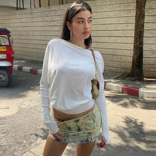 Fashion Women Solid White Long Sleeve Skew Collar Tops T-shirts Streetwear Casual Loose One Shoulder Tops Females Tess Autumn