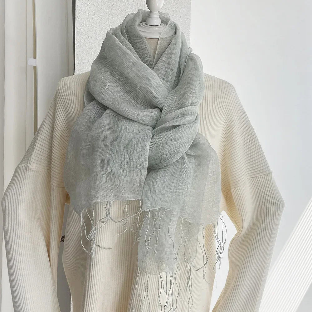 Summer Sunscreen Linen Scarf Women's Solid Tassel Shawl Art Forest Japanese and Korean Linen