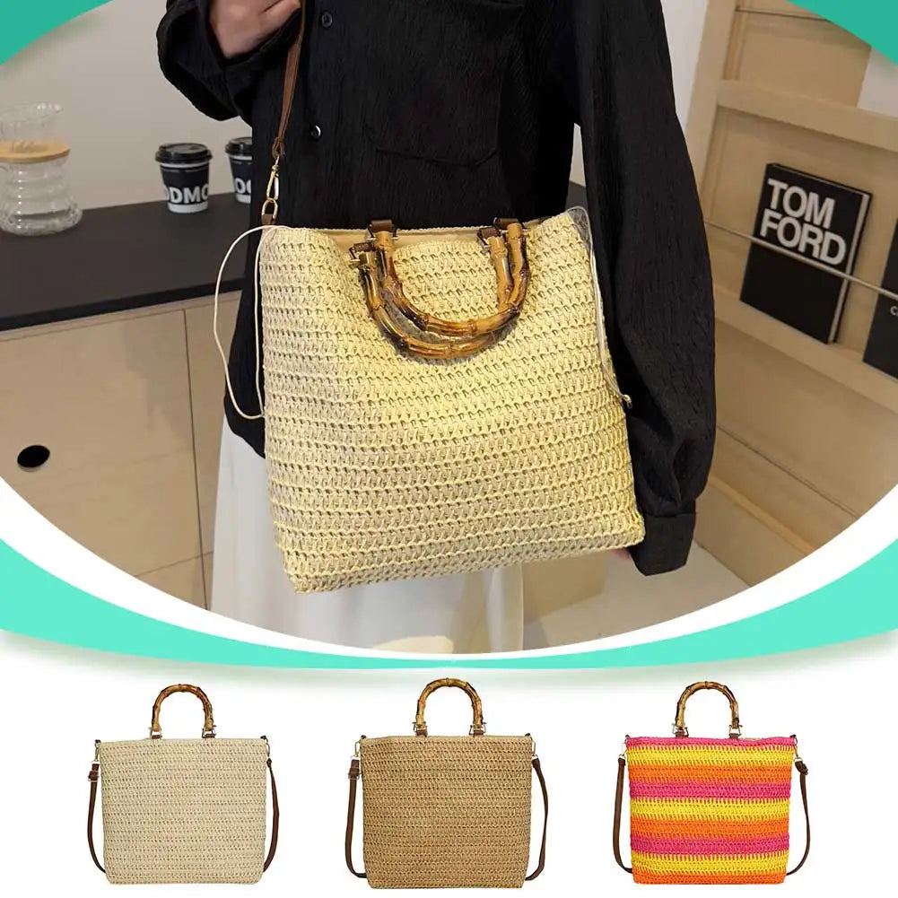 Women Straw Woven Handbag Handmade Straw Bag Large Capacity Tote Clutch Bags with Bamboo Handle Drawstring for Outdoor Travel