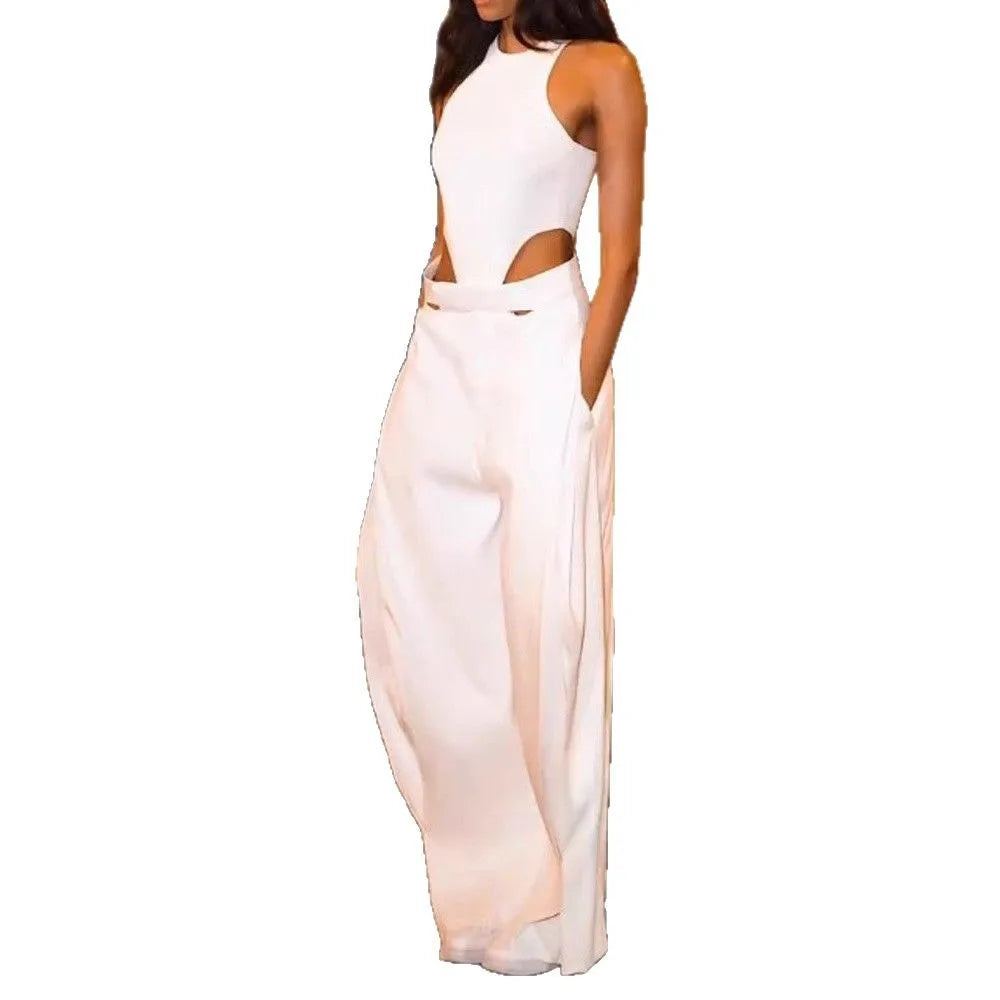 Fashion Jumpsuits For Women Summer O Neck Sleeveless Hollow Out Slim White Wide Leg Jumpsuit Girl High Street Chic Sexy Jumpsuit