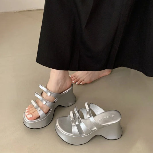 Silver Heels Slippers Woman Platform Sandals Summer Belt Bow Chunky Shoes Black High Heels Sandalias De Mujer