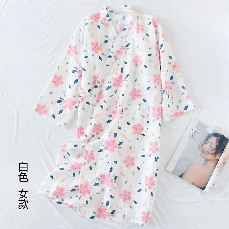 Japanese Style Kimono Pajama Robes Women's Summer Thin Cotton Gauze V-neck Simple Loose Nightgown Ladies Lounge Lace Up Bathrobe