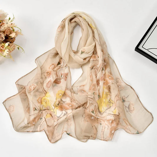 Plum Blossom Chiffon Scarf Floral Printed Shawl Lightweight Neck Scarf Summer Neck Sun Protection Silk Scarf Shawl 160*50cm