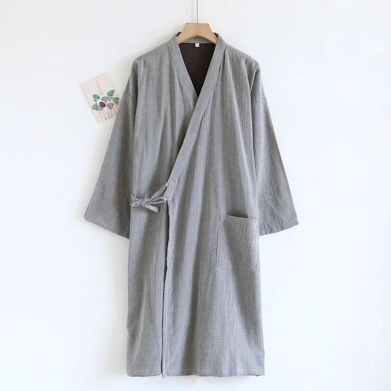 Japanese Kimono Pajama Tie Up Bathrobe Men's Spring Summer Thin Pure Cotton Color Woven Oversized Bathrobe Sweat Steamed Suit