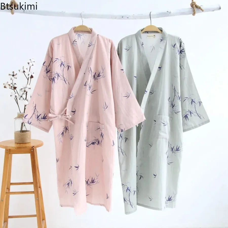 Japanese Style Kimono Pajama Robes Women's Summer Thin Cotton Gauze V-neck Simple Loose Nightgown Ladies Lounge Lace Up Bathrobe