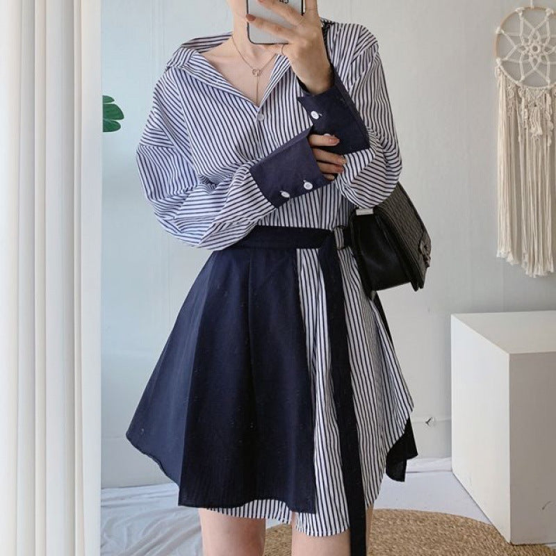 Lace-up Striped Shirt Dress Two-piece Set