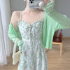 Green Floral Suspender Dress Two-piece Set