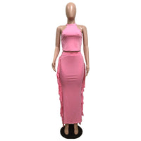 Halter Solid Color Tassel Dress Two-piece Set
